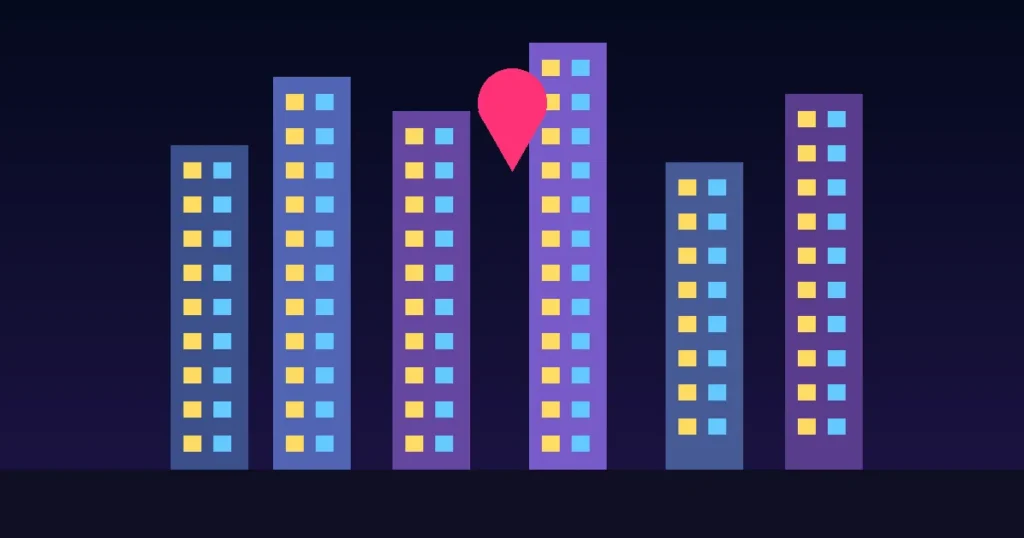 Stylized Cyber City skyline pin graphic for 91 club Gurugram address