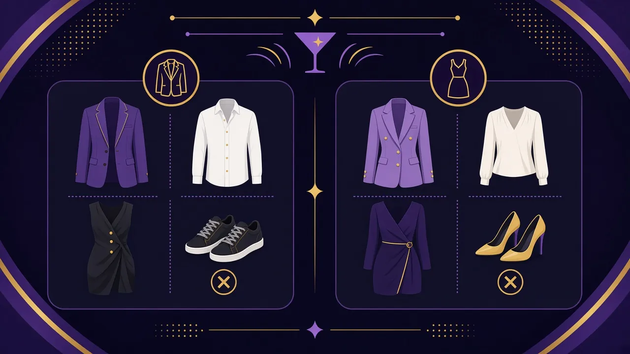 Smart casual nightclub dress code infographic showing blazer shirt dress and footwear not allowed